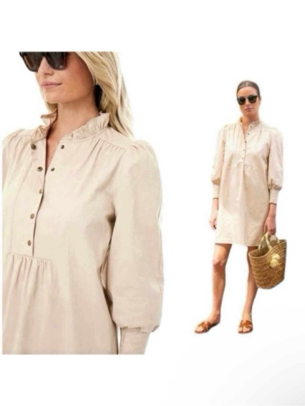 Pomander Place Tuckernuck Khaki Claiborne Dress Button Down Shift Puff Sleeve